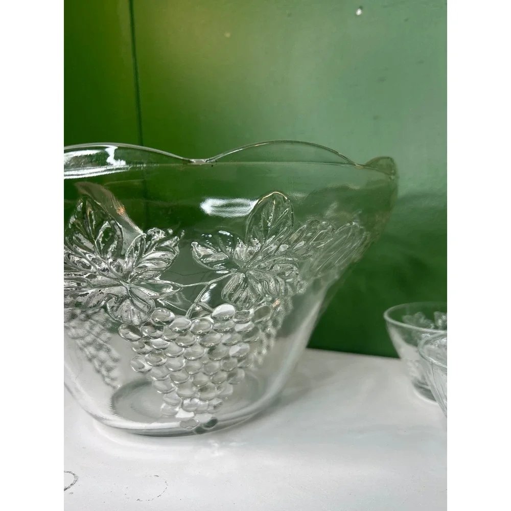 Vintage Clear Pressed Glass Grape Harvest Punch Bowl Set with 5 Cups and Ladle